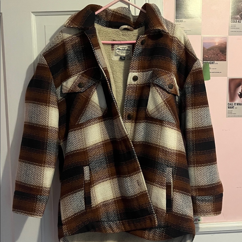 Flag and anthem Plaid Jacket with Brown and White Pattern nwot size small.